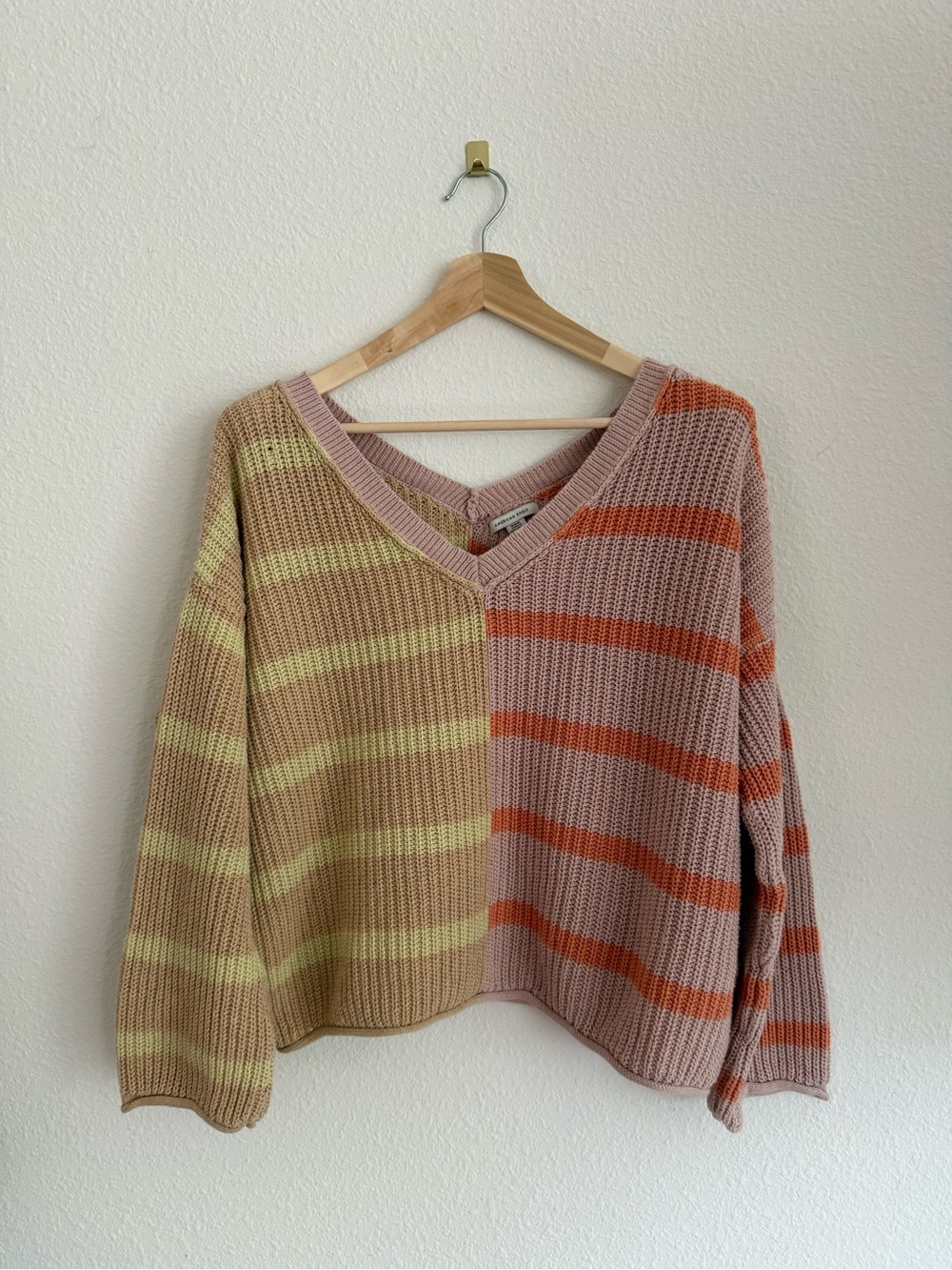 American Eagle Striped V-Neck Colorblock Knit Sweater - Pink, Beige, Orange